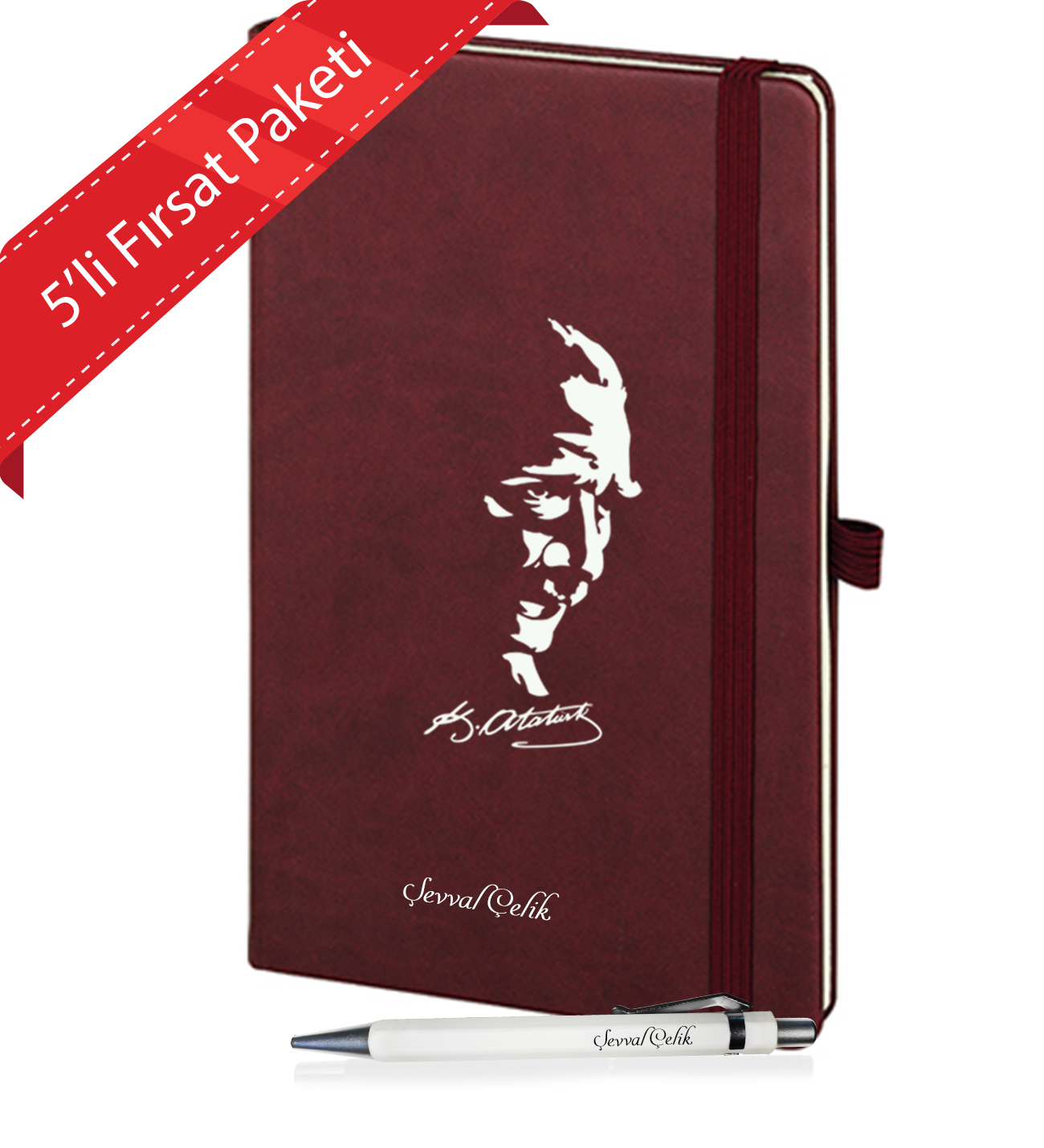 Kişiye Özel UV Baskılı 5'li  Öğretmenler Günü Temalı Atatürk Siluetli  Defter & Beyaz  Kalem Seti