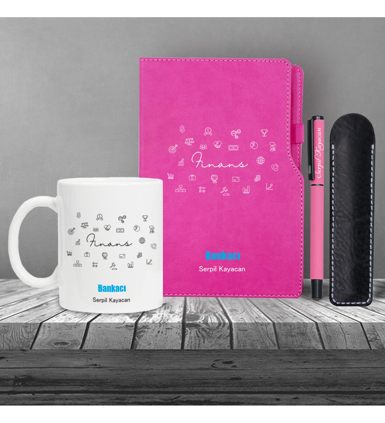 Kişiye Özel Uv Baskılı Bankacı Temalı Pembe Defter & Pembe Roller Kalem ve Kupa Seti