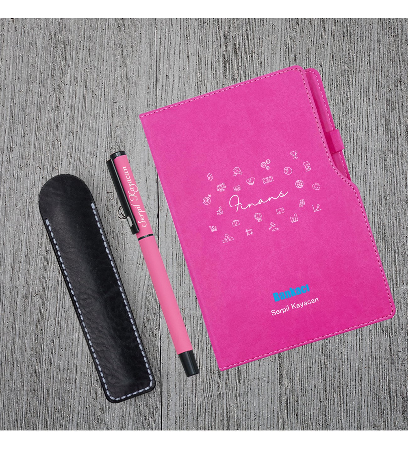 Kişiye Özel Uv Baskılı Bankacı Temalı Pembe Defter & Pembe Roller Kalem ve Kupa Seti