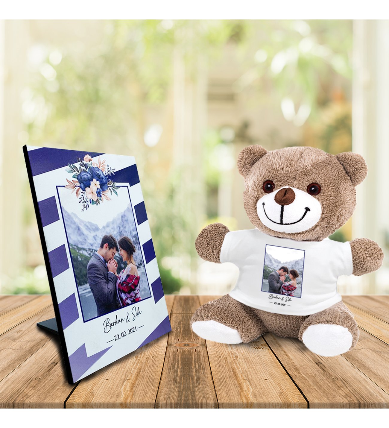 Kişiye Özel UV Baskılı Fotoğraflı Ahşap Çerçeve ve Peluş Ayıcık