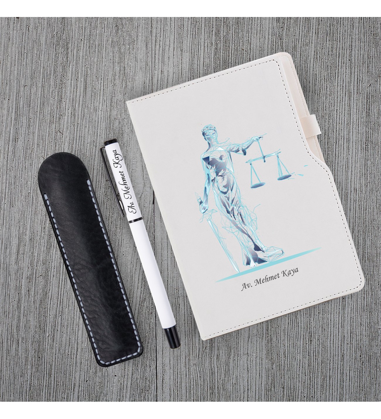 Kişiye Özel UV Baskılı Fütüristtik Tasarım Avukat Temalı Beyaz Defter & Beyaz Roller Kalem  Seti