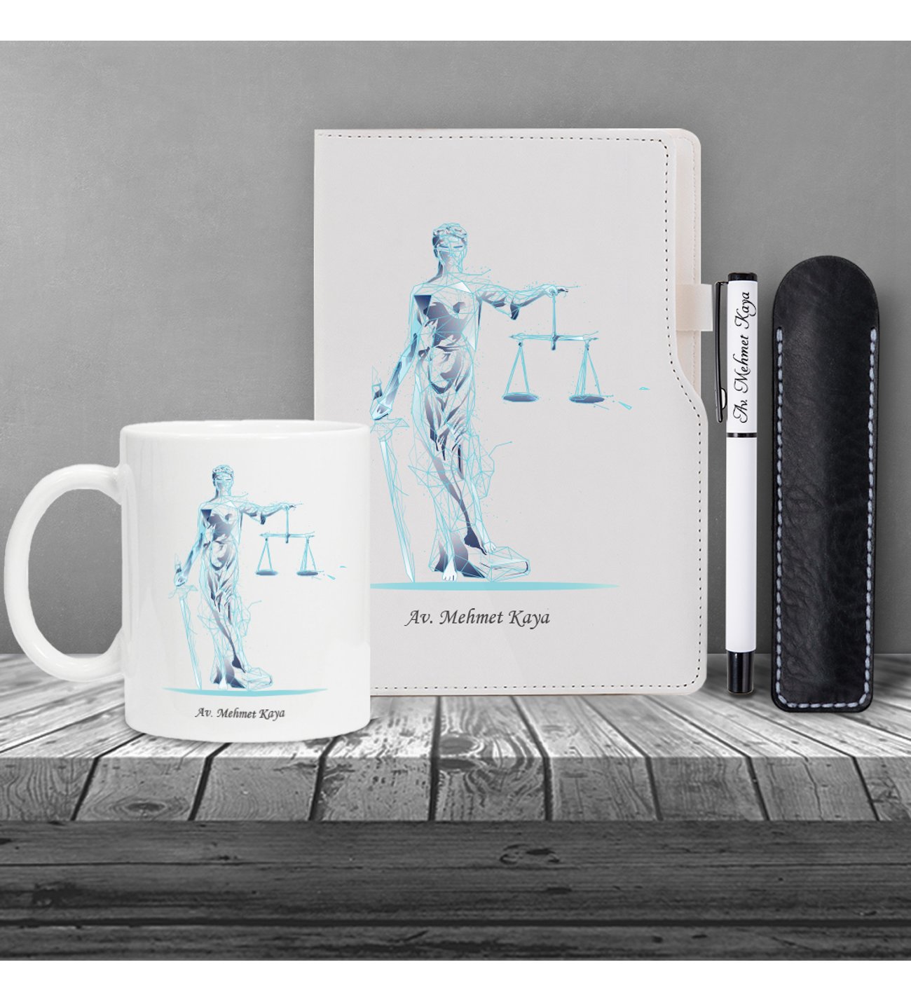 Kişiye Özel UV Baskılı Fütüristtik Tasarım Avukat Temalı Beyaz Defter & Beyaz Roller Kalem ve Kupa Seti