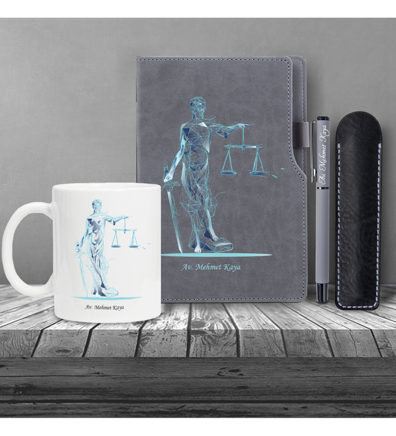 Kişiye Özel UV Baskılı Fütüristtik Tasarım Avukat Temalı Gri  Defter & Gri Roller Kalem ve Kupa Seti