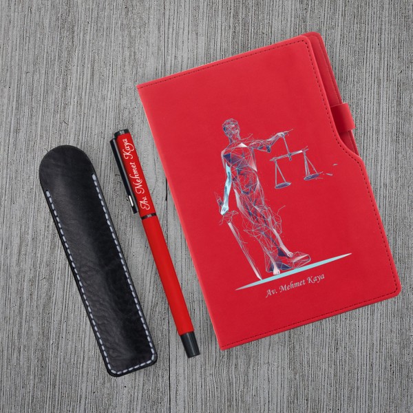 Kişiye Özel UV Baskılı Fütüristtik Tasarım Avukat Temalı Kırmızı Defter & Kırmızı Roller Kalem Seti Kişiye Özel UV Baskılı Fütüristtik Tasarım Avukat Temalı Kırmızı Defter & Kırmızı Roller Kalem Seti