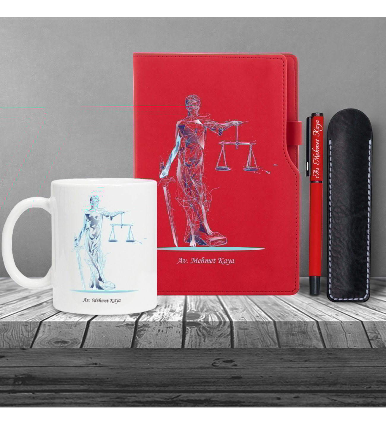 Kişiye Özel UV Baskılı Fütüristtik Tasarım Avukat Temalı Kırmızı Defter & Kırmızı Roller Kalem ve Kupa Seti