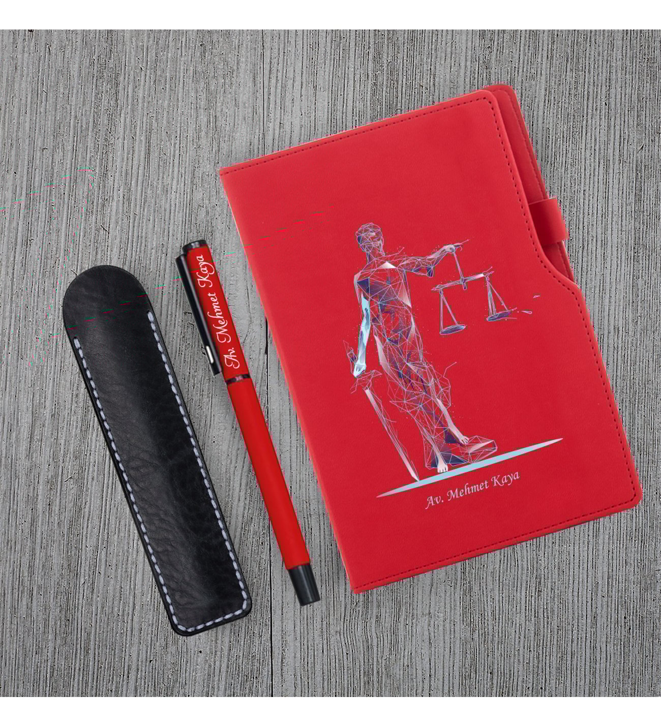 Kişiye Özel UV Baskılı Fütüristtik Tasarım Avukat Temalı Kırmızı Defter & Kırmızı Roller Kalem ve Kupa Seti