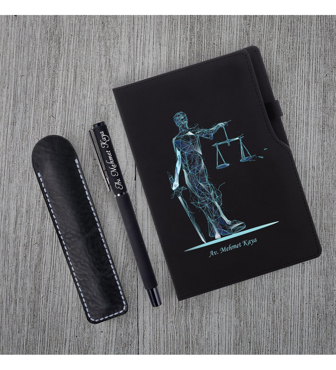 Kişiye Özel UV Baskılı Fütüristtik Tasarım Avukat Temalı Siyah Defter & Siyah Roller Kalem  Seti