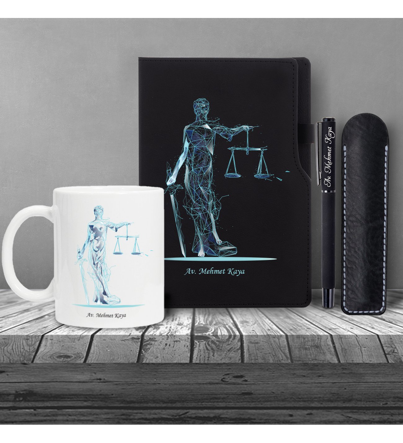 Kişiye Özel UV Baskılı Fütüristtik Tasarım Avukat Temalı Siyah Defter & Siyah Roller Kalem ve Kupa Seti