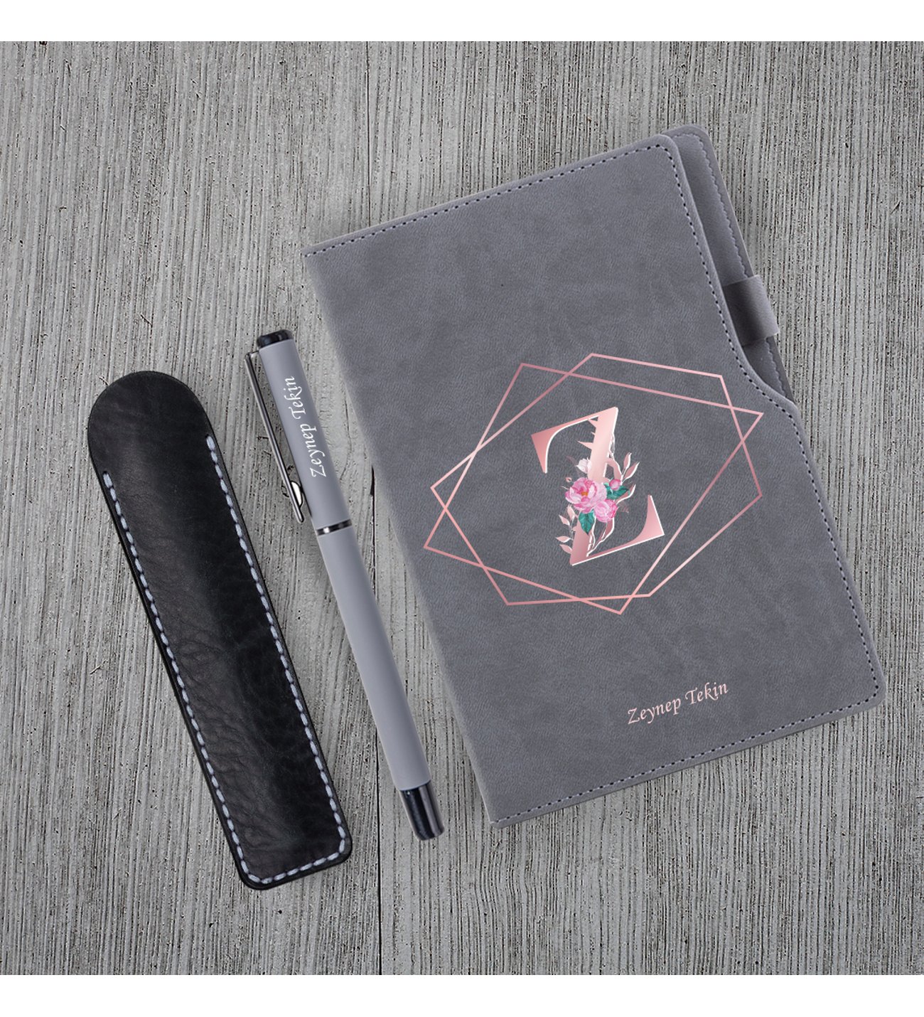 Kişiye Özel UV Baskılı Harfli Gri Defter Roller Kalem Seti Kişiye Özel UV Baskılı Harfli Gri Defter Roller Kalem Seti