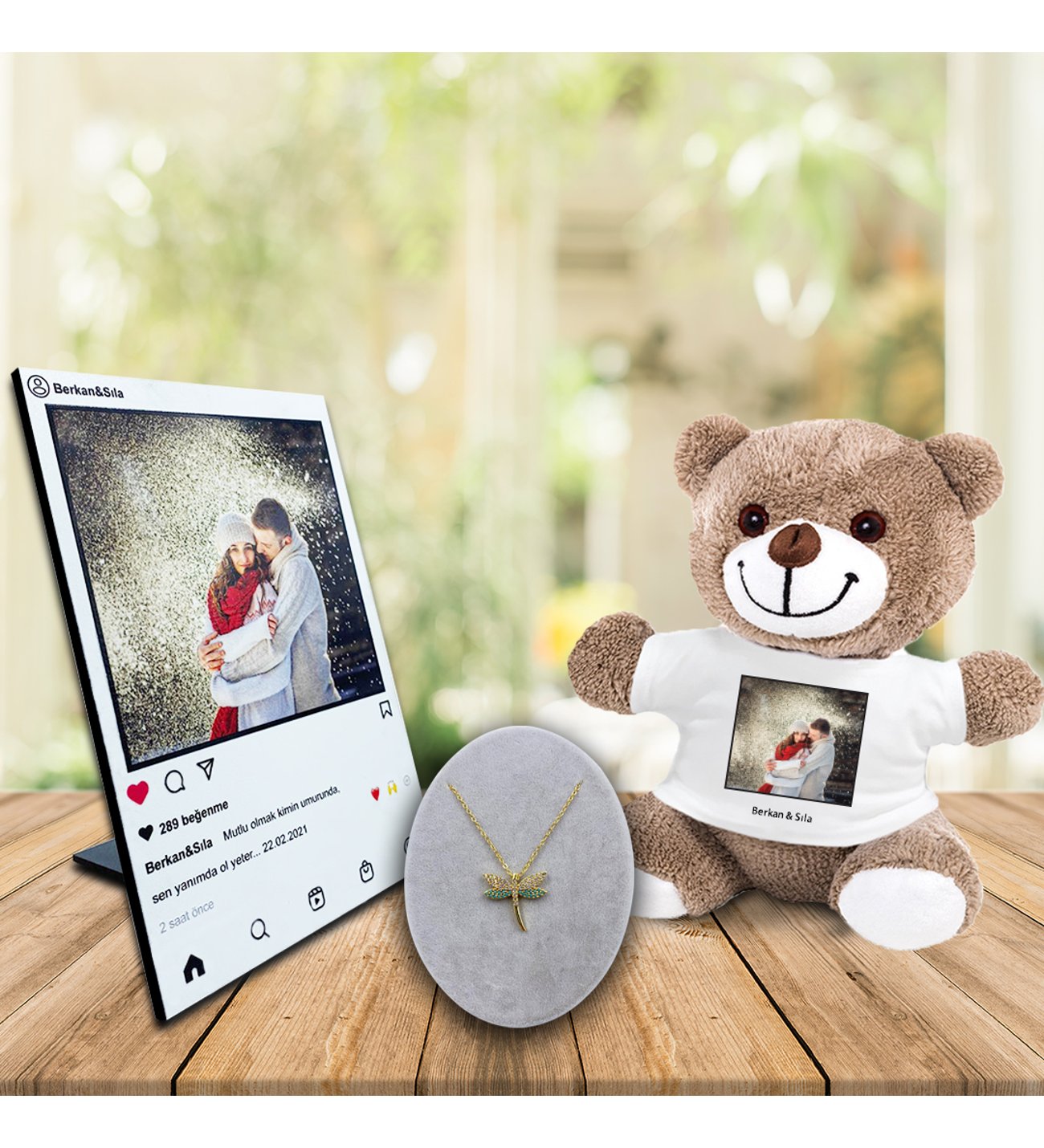 Kişiye Özel UV Baskılı Instagram Ahşap Çerçeve & Peluş Ayıcık ve Firuze Yusufcuk Kolye