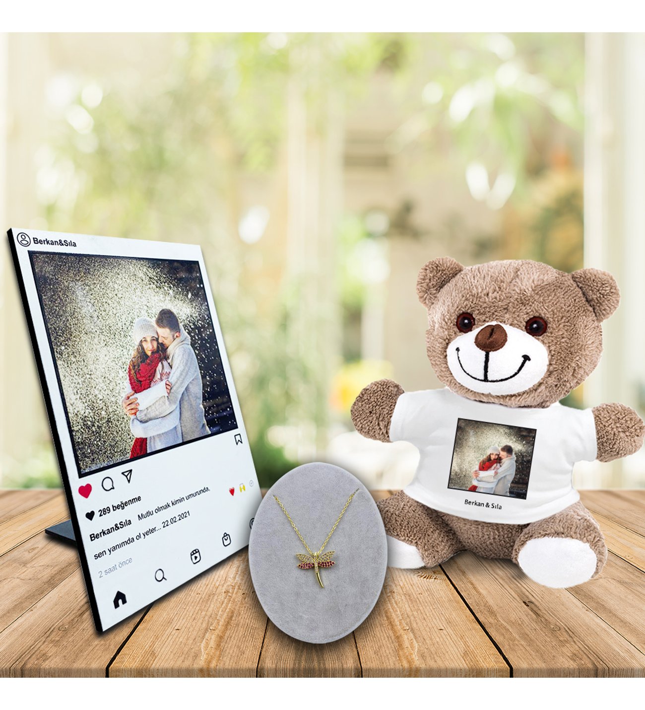 Kişiye Özel UV Baskılı Instagram Ahşap Çerçeve & Peluş Ayıcık ve Ruby Yusufcuk Kolye Kişiye Özel UV Baskılı Instagram Ahşap Çerçeve & Peluş Ayıcık ve Ruby Yusufcuk Kolye