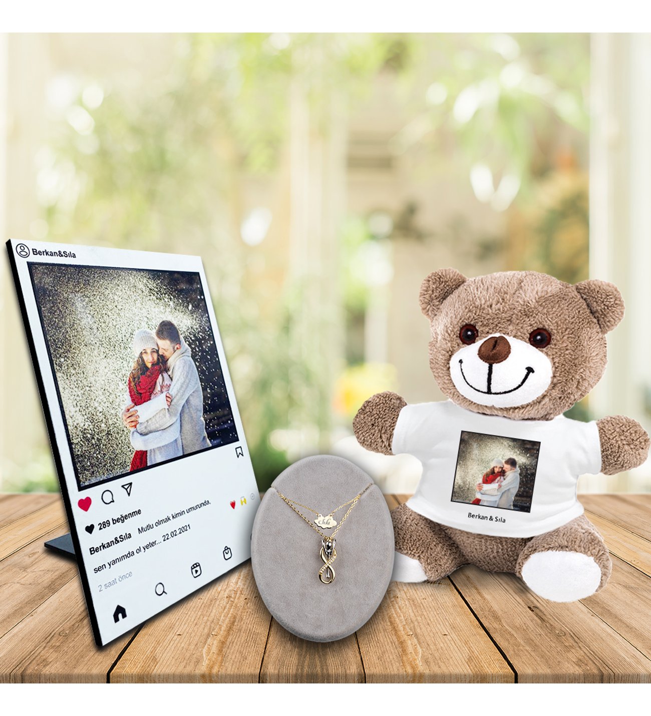 Kişiye Özel UV Baskılı Instagram Ahşap Çerçeve & Peluş Ayıcık ve Sonsuzluk Çifti Kolye Kişiye Özel UV Baskılı Instagram Ahşap Çerçeve & Peluş Ayıcık ve Sonsuzluk Çifti Kolye