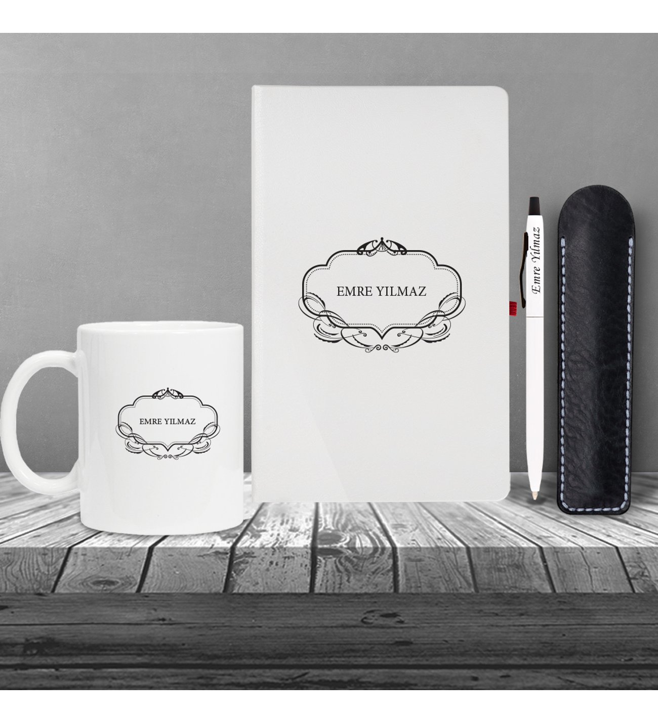 Kişiye Özel UV Baskılı Klasik Model Beyaz Defter ve Beyaz Tükenmez Kalem ve Kupa Seti