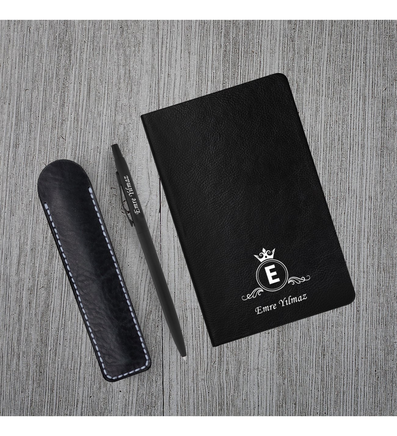 Kişiye Özel UV Baskılı Klasik Model Siyah Defter ve Siyah Tükenmez Kalem
