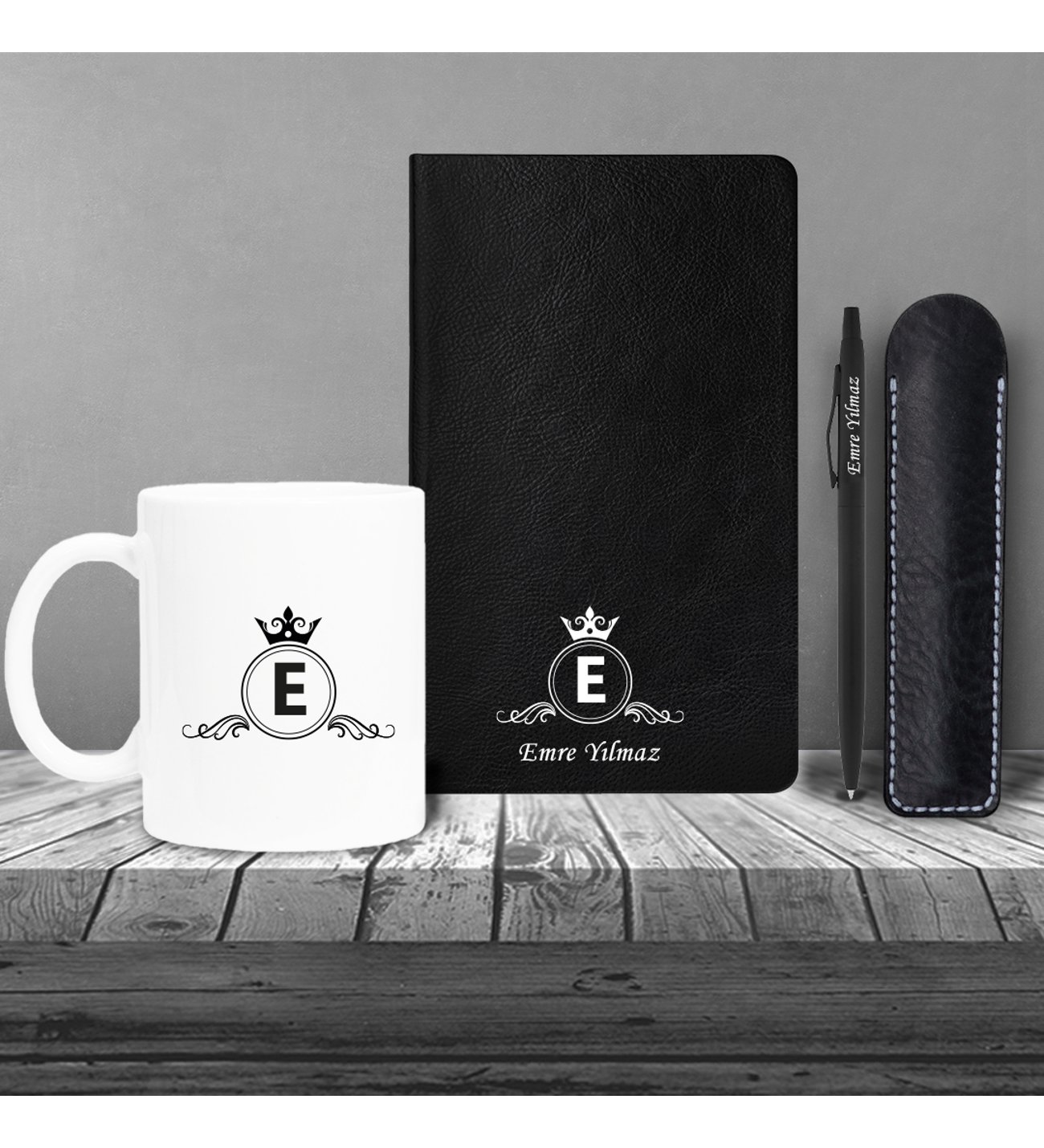 Kişiye Özel UV Baskılı Klasik Model Siyah  Defter ve Siyah Tükenmez Kalem ve Kupa Seti