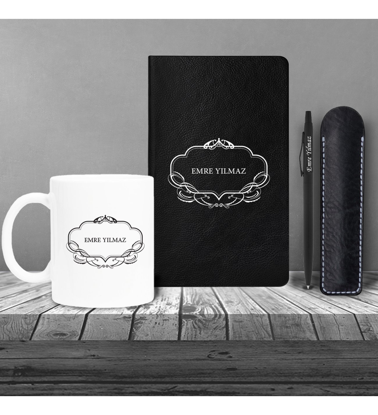 Kişiye Özel UV Baskılı Klasik Model Siyah  Defter ve Siyah Tükenmez Kalem ve Kupa Seti