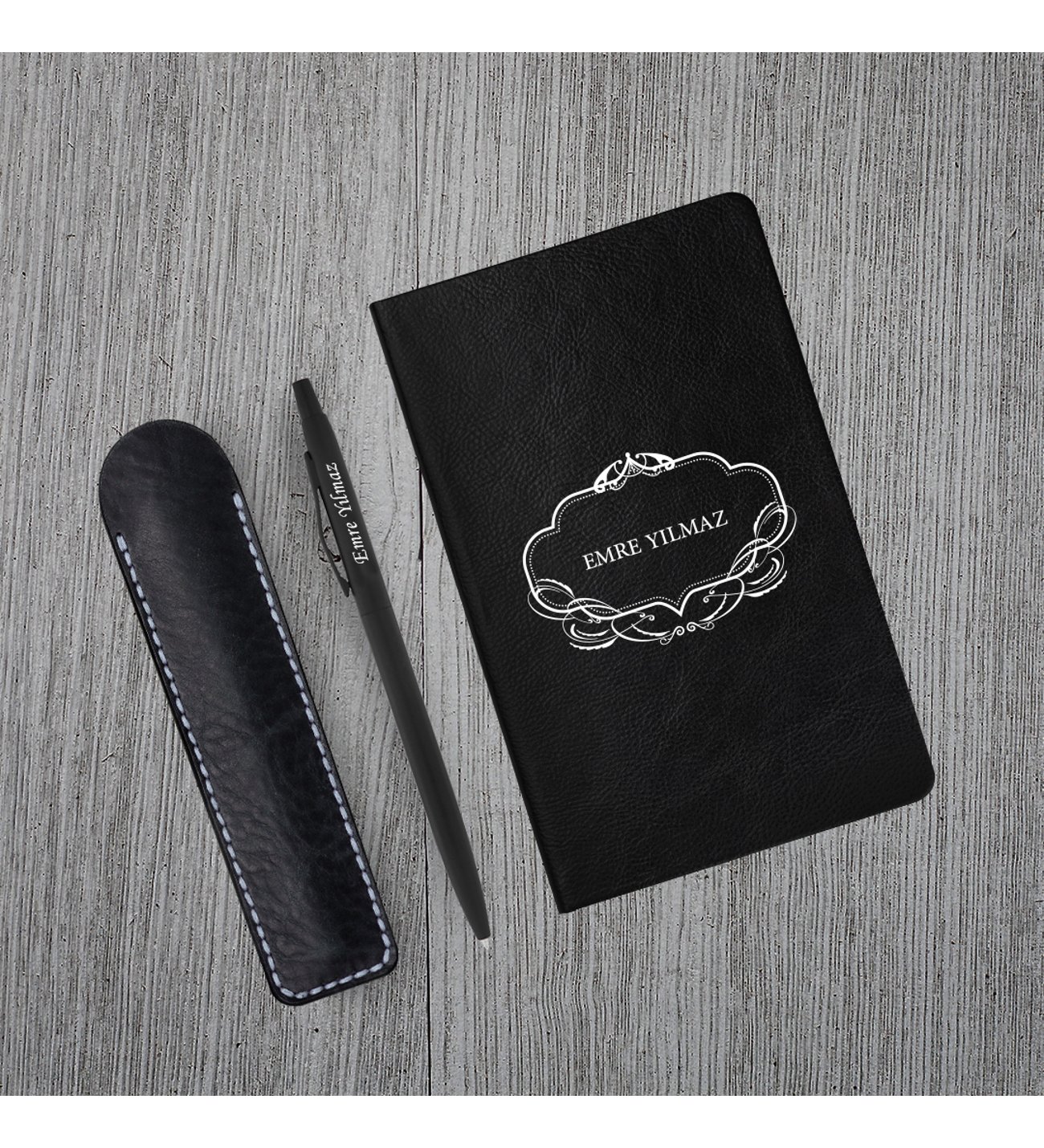 Kişiye Özel UV Baskılı Klasik Model Siyah  Defter ve Siyah Tükenmez Kalem ve Kupa Seti