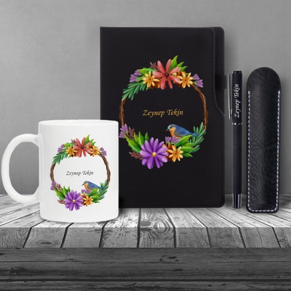 Kişiye Özel UV Baskılı Kuş Desenli Siyah Defter Roller Kalem Kupa Seti Kişiye Özel UV Baskılı Kuş Desenli Siyah Defter Roller Kalem Kupa Seti