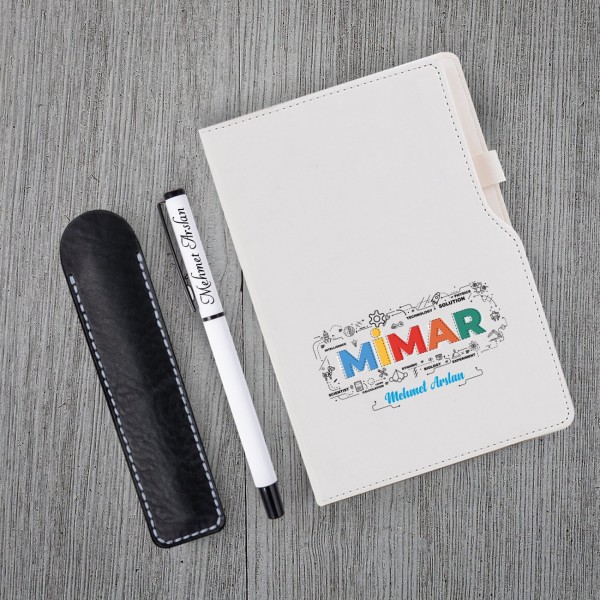 Kişiye Özel UV Baskılı Mimar Temalı Beyaz Defter & Beyaz Roller Kalem Seti