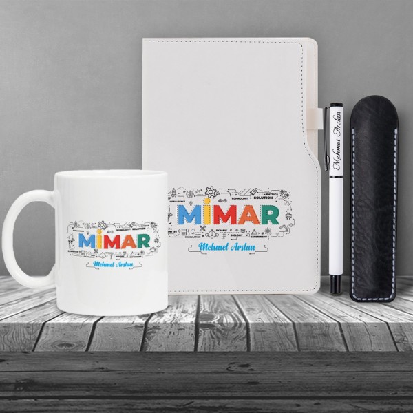 Kişiye Özel UV Baskılı Mimar Temalı Beyaz Defter & Beyaz  Roller Kalem ve Kupa Seti