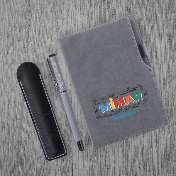 Kişiye Özel UV Baskılı Mimar Temalı Gri Defter & Gri   Roller Kalem ve Kupa Seti