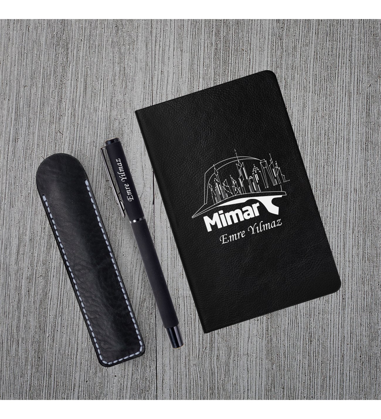 Kişiye Özel UV Baskılı Mimar Temalı Klasik Model Siyah  Defter ve Siyah Roller Tükenmez Kalem ve Kupa Seti