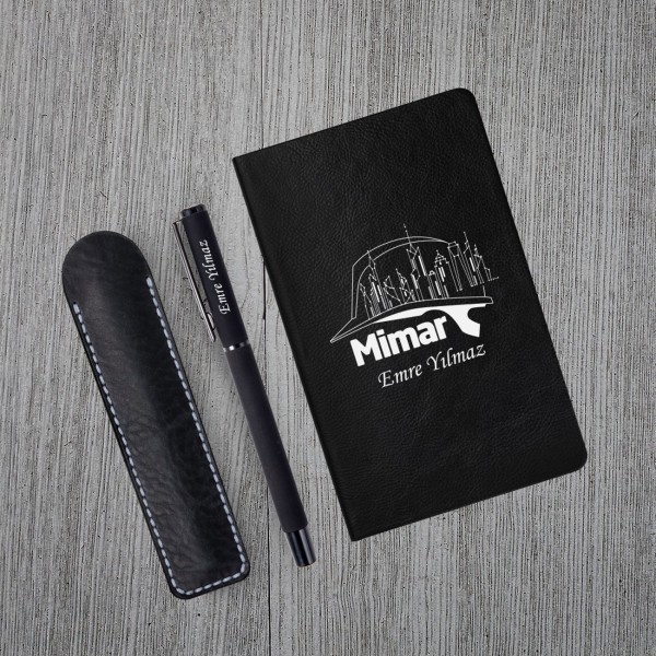Kişiye Özel UV Baskılı Mimar Temalı Klasik Model Siyah  Defter ve Siyah Roller Tükenmez Kalem ve Kupa Seti