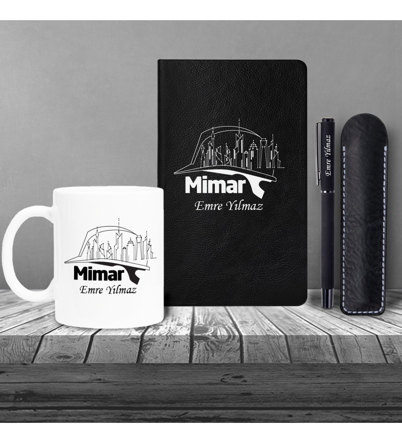 Kişiye Özel UV Baskılı Mimar Temalı Klasik Model Siyah  Defter ve Siyah Roller Tükenmez Kalem ve Kupa Seti