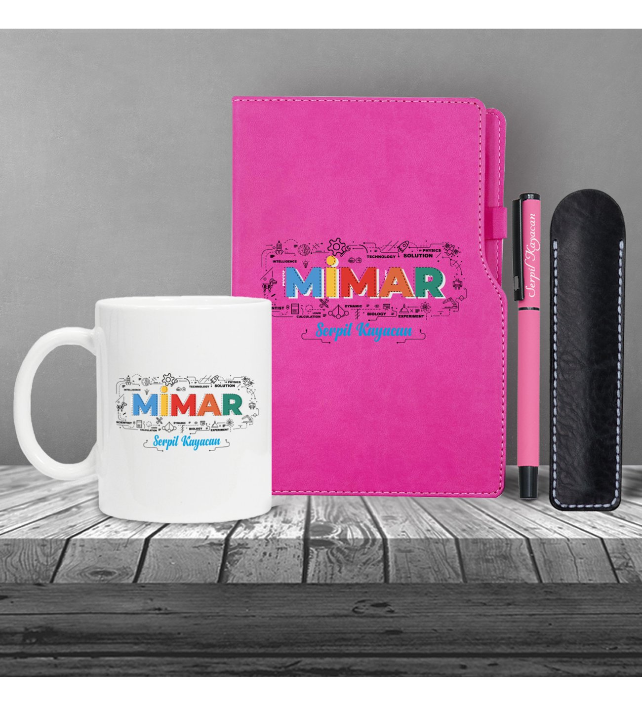 Kişiye Özel UV Baskılı Mimar Temalı Pembe Defter & Pembe Roller Kalem ve Kupa Seti Kişiye Özel UV Baskılı Mimar Temalı Pembe Defter & Pembe Roller Kalem ve Kupa Seti