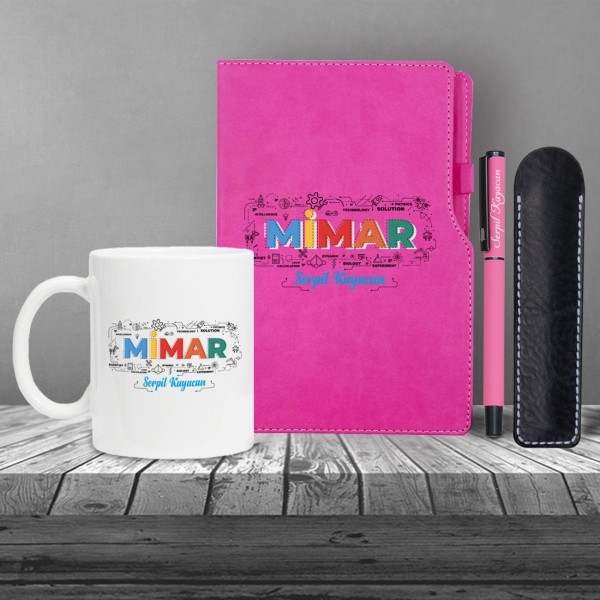 Kişiye Özel UV Baskılı Mimar Temalı Pembe Defter & Pembe Roller Kalem ve Kupa Seti