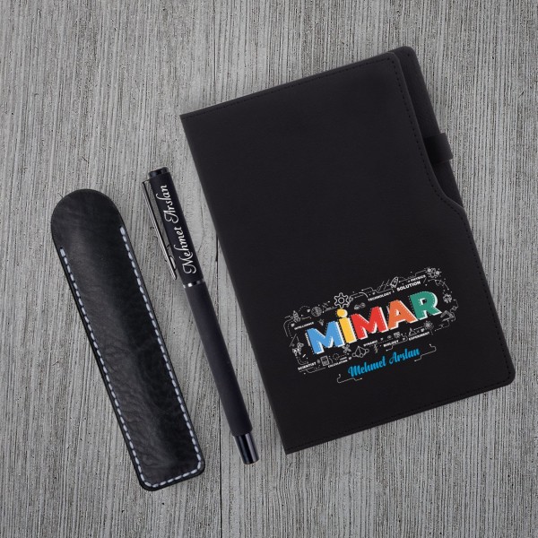 Kişiye Özel UV Baskılı Mimar Temalı Siyah Defter & Siyah Roller Kalem  Seti