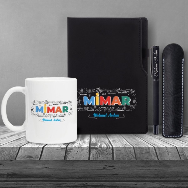 Kişiye Özel UV Baskılı Mimar Temalı Siyah Defter & Siyah Roller Kalem ve Kupa Seti