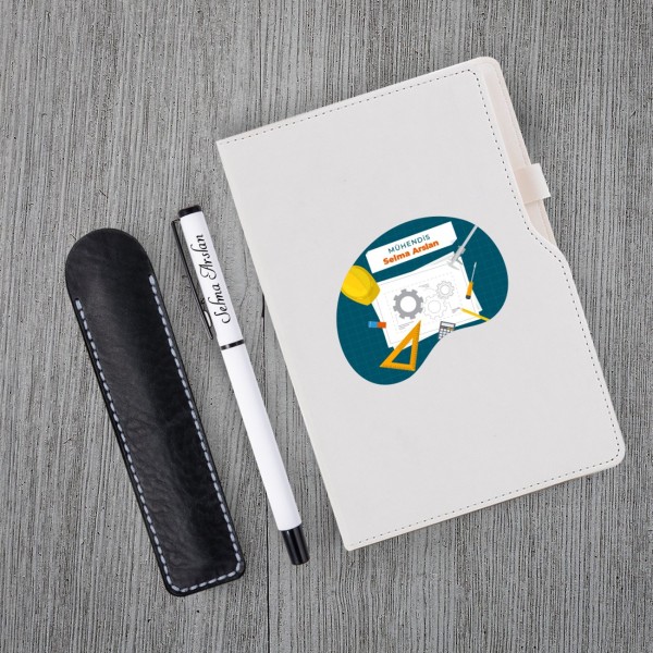 Kişiye Özel UV Baskılı Mühendis Temalı Beyaz Defter & Beyaz Roller Kalem Seti
