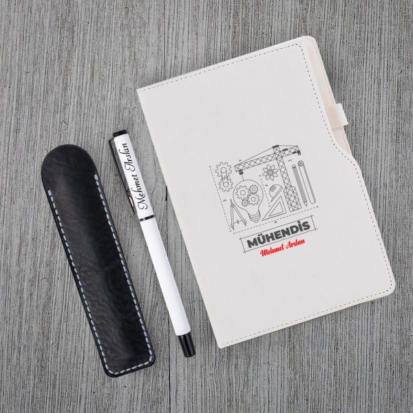 Kişiye Özel Uv Baskılı Mühendis Temalı Beyaz Defter & Beyaz Roller Kalem Seti