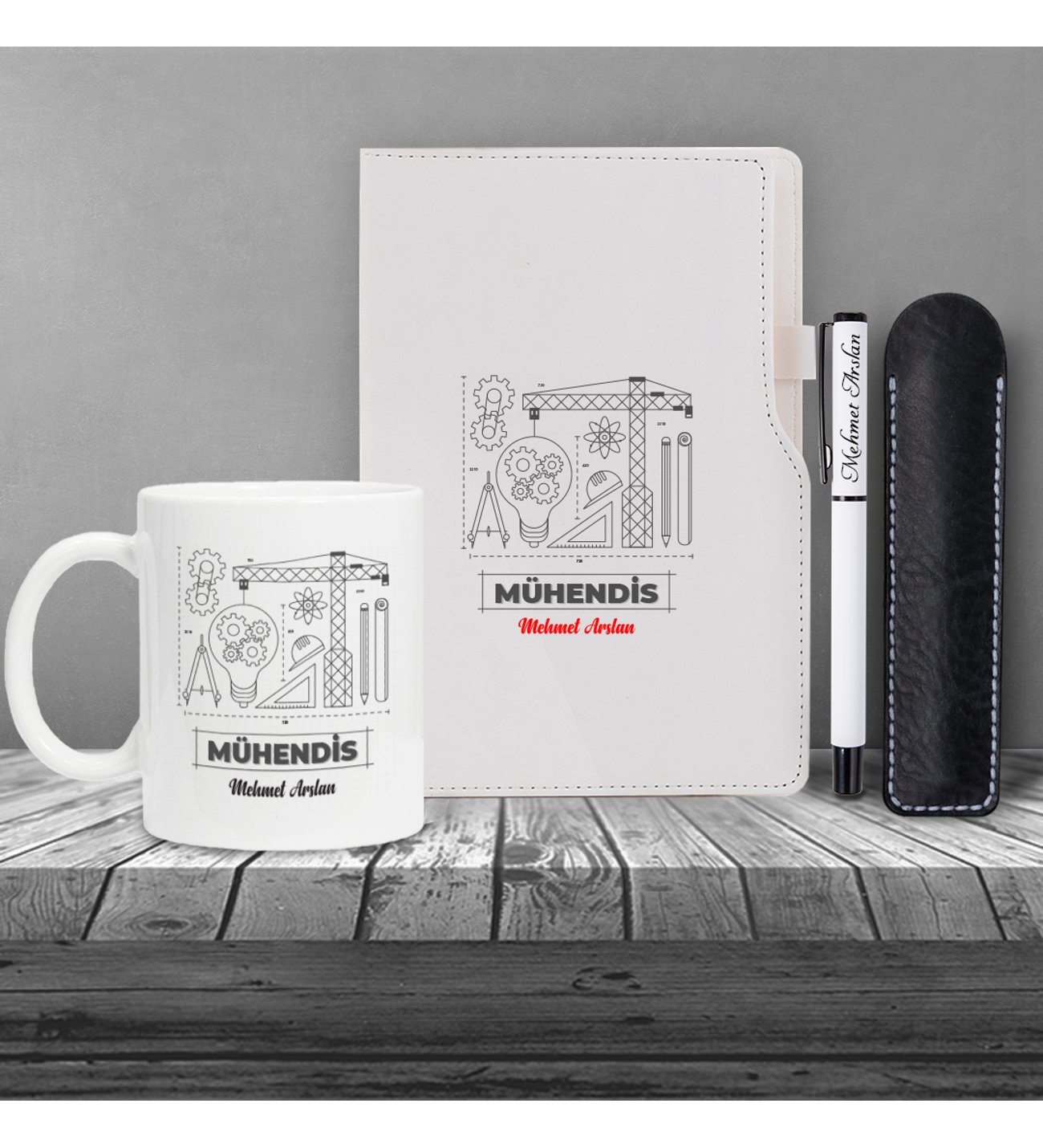 Kişiye Özel UV Baskılı Mühendis Temalı Beyaz Defter & Beyaz  Roller Kalem ve Kupa Seti