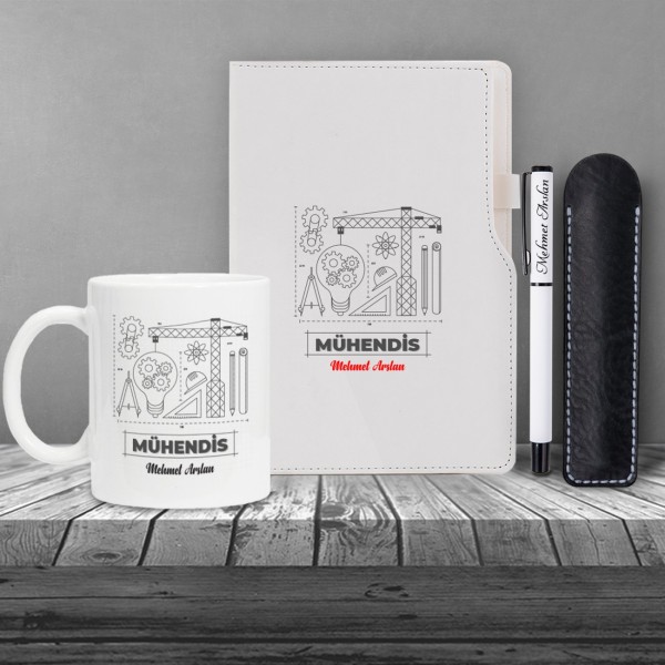 Kişiye Özel UV Baskılı Mühendis Temalı Beyaz Defter & Beyaz  Roller Kalem ve Kupa Seti