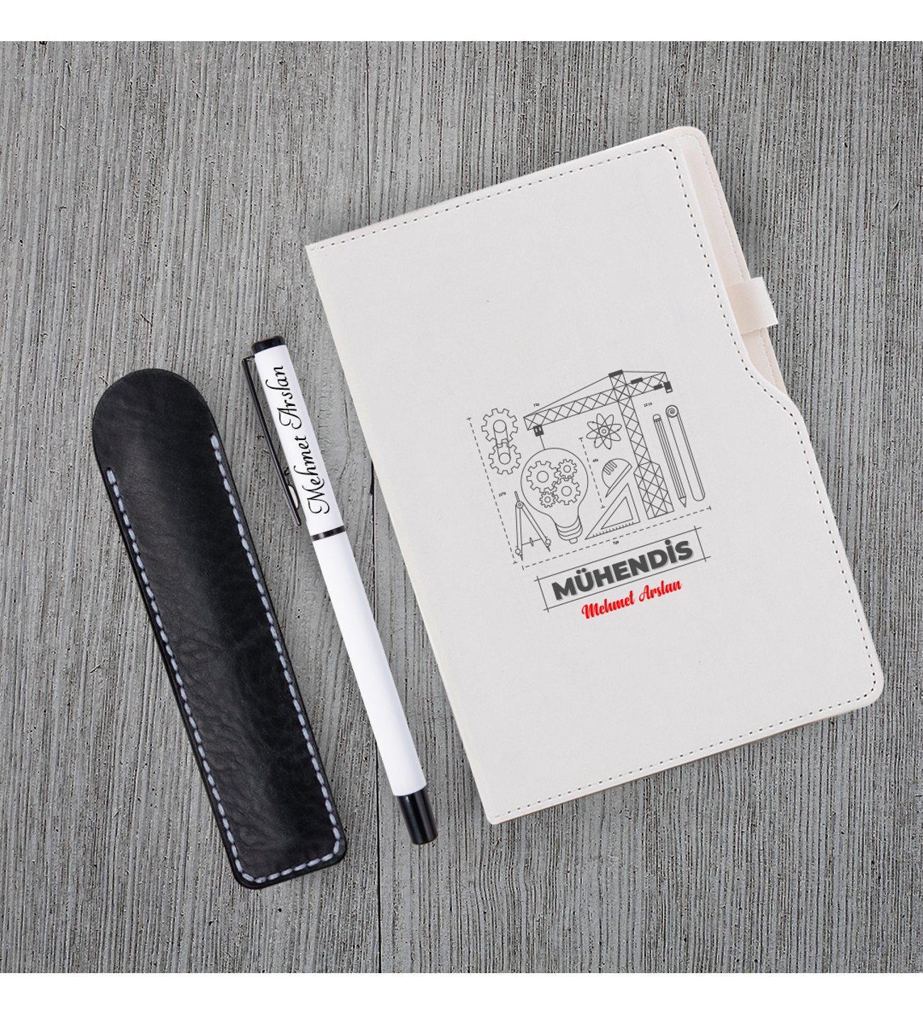 Kişiye Özel UV Baskılı Mühendis Temalı Beyaz Defter & Beyaz  Roller Kalem ve Kupa Seti
