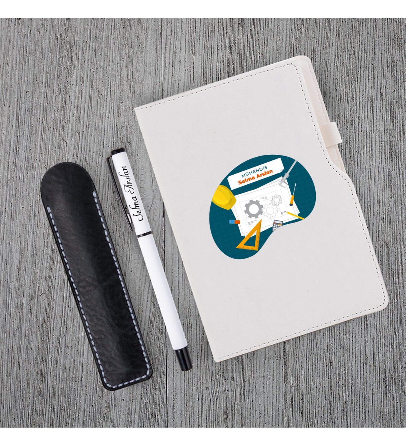 Kişiye Özel UV Baskılı Mühendis  Temalı Beyaz Defter & Beyaz  Roller Kalem ve Kupa Seti