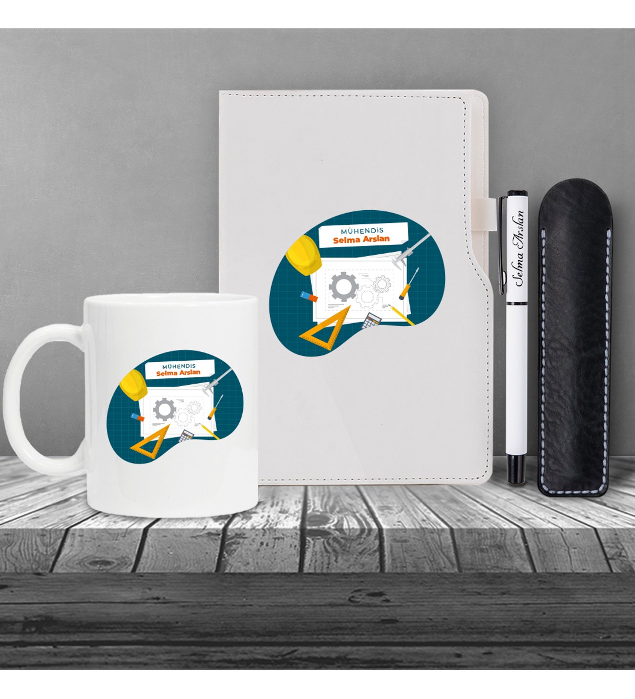 Kişiye Özel UV Baskılı Mühendis  Temalı Beyaz Defter & Beyaz  Roller Kalem ve Kupa Seti