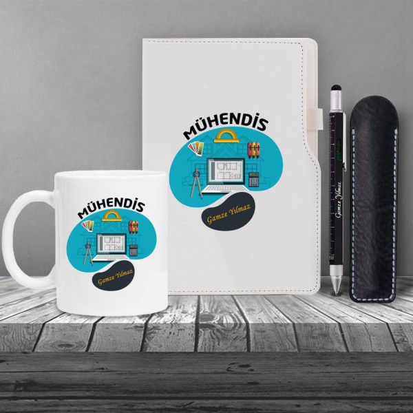 Kişiye Özel Uv Baskılı Mühendis Temalı Beyaz Defter & Fonksiyonel Mühendis Kalemi ve Kupa Seti