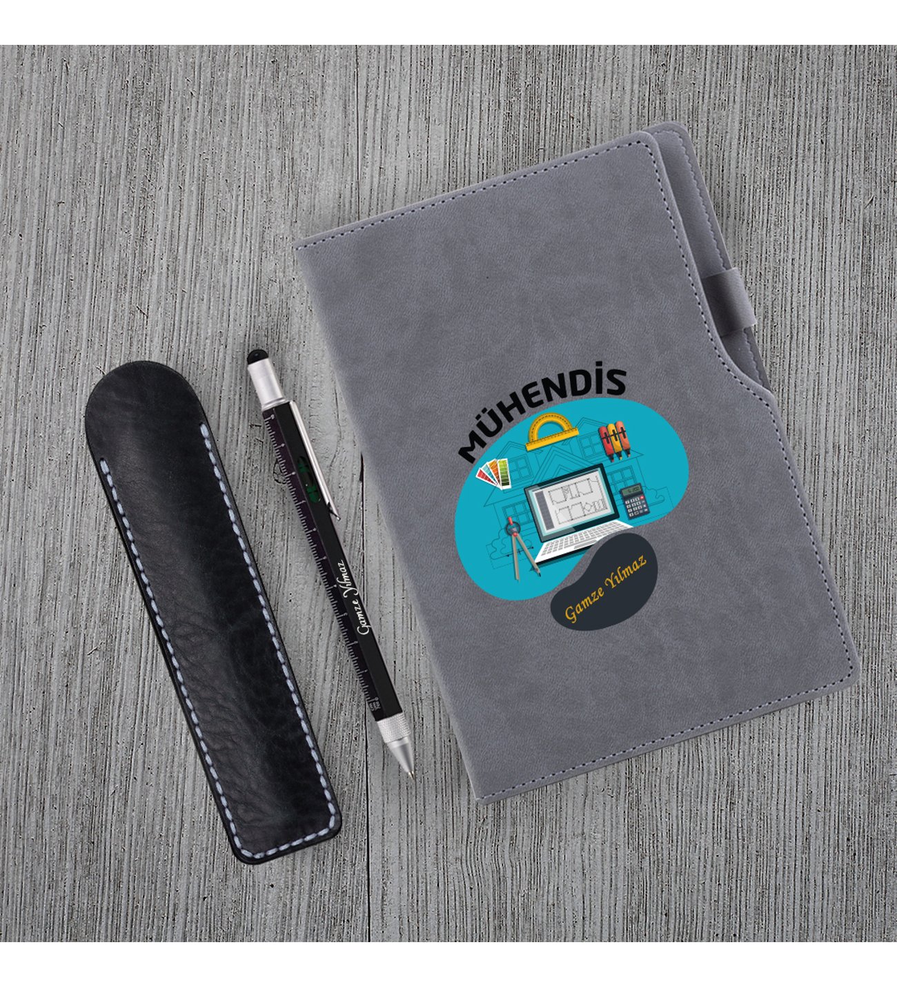 Kişiye Özel Uv Baskılı Mühendis Temalı Gri Defter & Fonksiyonel Mühendis Kalemi  Seti