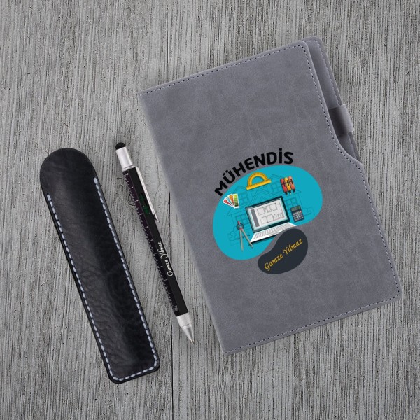 Kişiye Özel Uv Baskılı Mühendis Temalı Gri Defter & Fonksiyonel Mühendis Kalemi  Seti