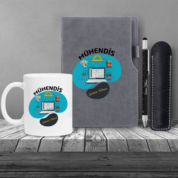 Kişiye Özel Uv Baskılı Mühendis Temalı Gri Defter & Fonksiyonel Mühendis Kalemi ve Kupa Seti