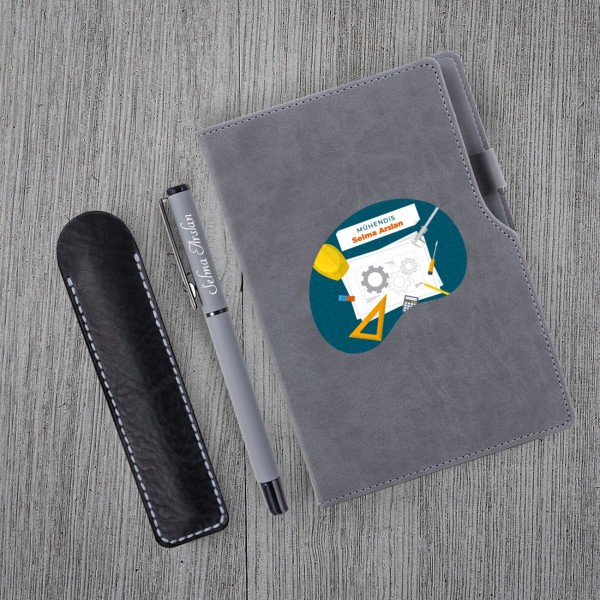 Kişiye Özel UV Baskılı Mühendis Temalı Gri Defter & Gri Roller Kalem Seti Kişiye Özel UV Baskılı Mühendis Temalı Gri Defter & Gri Roller Kalem Seti