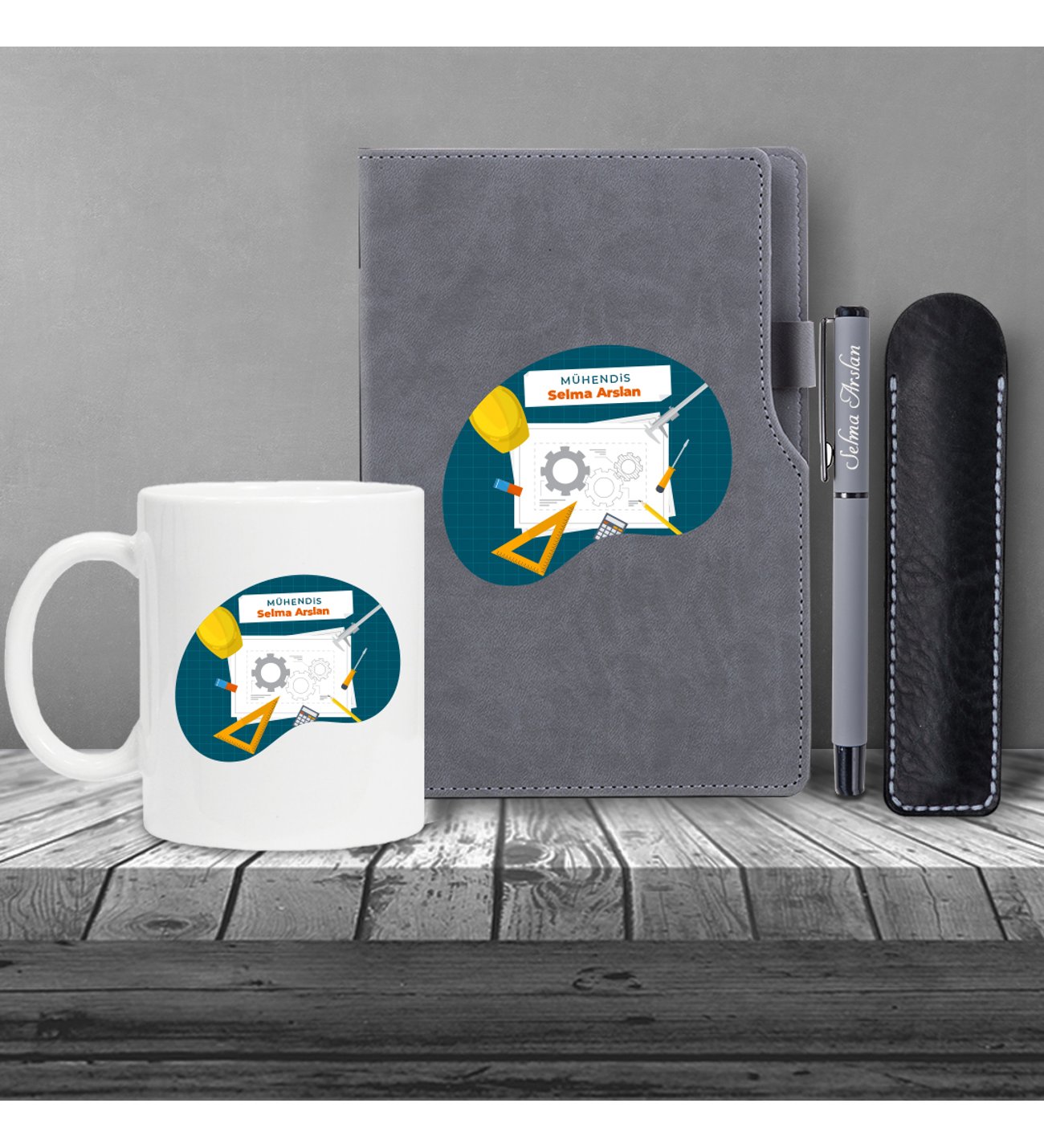 Kişiye Özel UV Baskılı Mühendis Temalı Gri Defter & Gri Roller Kalem ve Kupa Seti