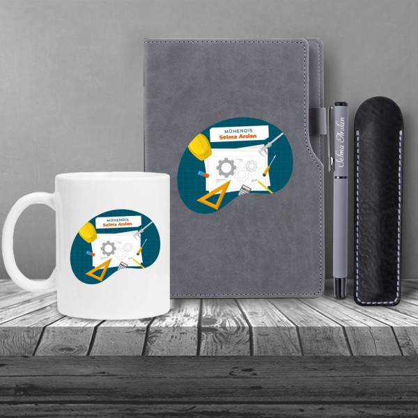 Kişiye Özel UV Baskılı Mühendis Temalı Gri Defter & Gri Roller Kalem ve Kupa Seti