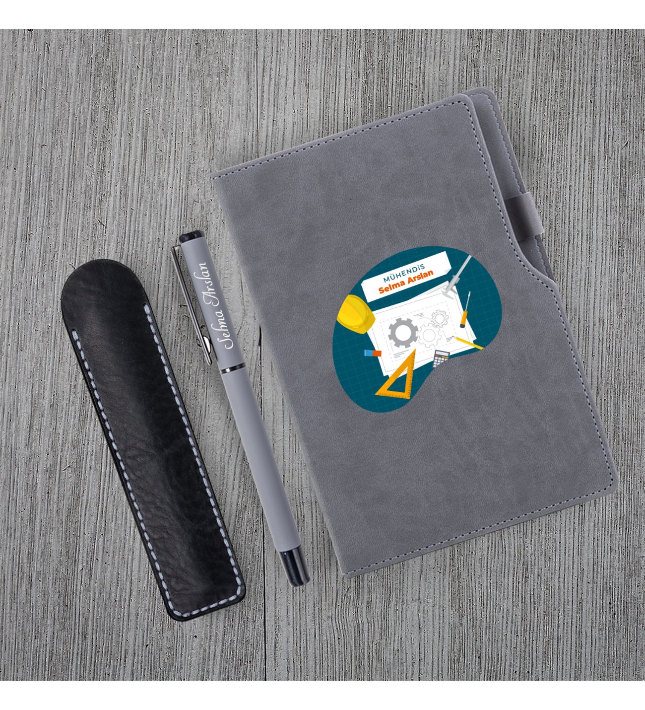 Kişiye Özel UV Baskılı Mühendis Temalı Gri Defter & Gri Roller Kalem ve Kupa Seti