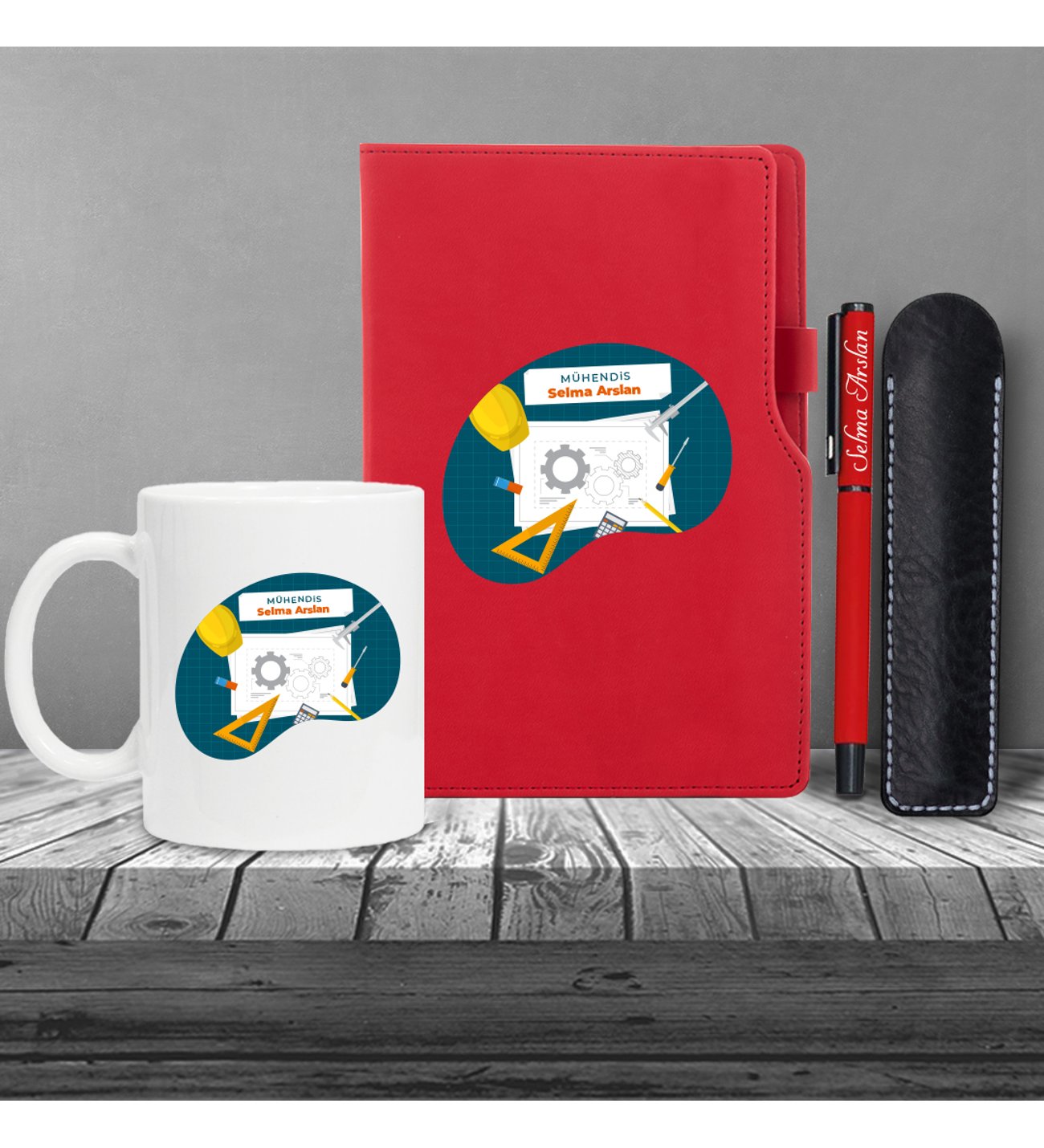 Kişiye Özel UV Baskılı Mühendis Temalı Kırmızı  Defter & Kırmızı Roller Kalem ve Kupa Seti