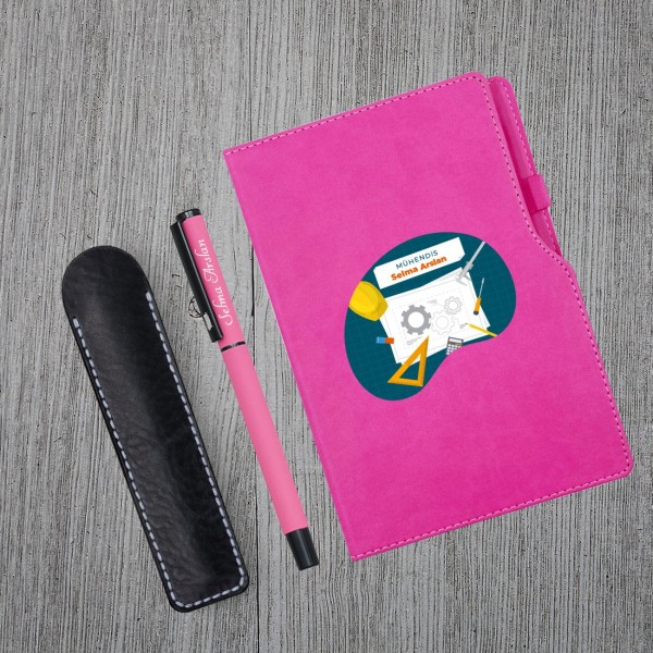 Kişiye Özel UV Baskılı Mühendis Temalı Pembe Defter & Pembe Roller Kalem Kişiye Özel UV Baskılı Mühendis Temalı Pembe Defter & Pembe Roller Kalem