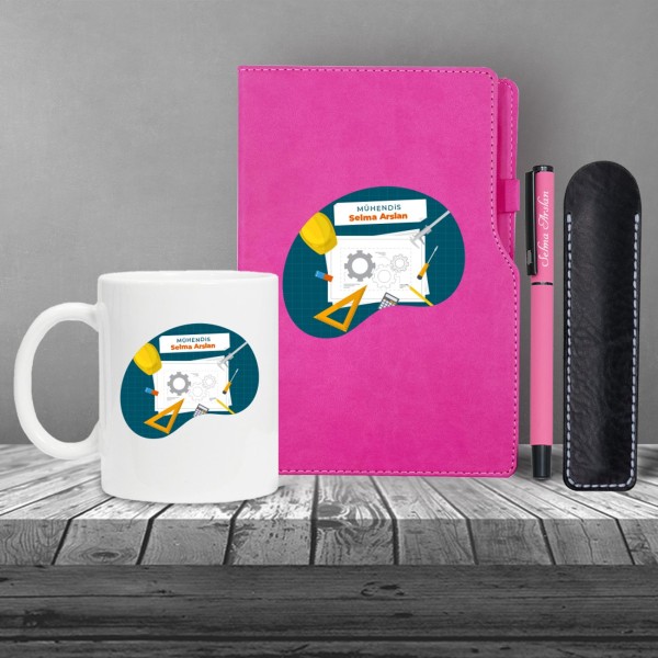 Kişiye Özel UV Baskılı Mühendis Temalı Pembe Defter & Pembe Roller Kalem ve Kupa Seti Kişiye Özel UV Baskılı Mühendis Temalı Pembe Defter & Pembe Roller Kalem ve Kupa Seti